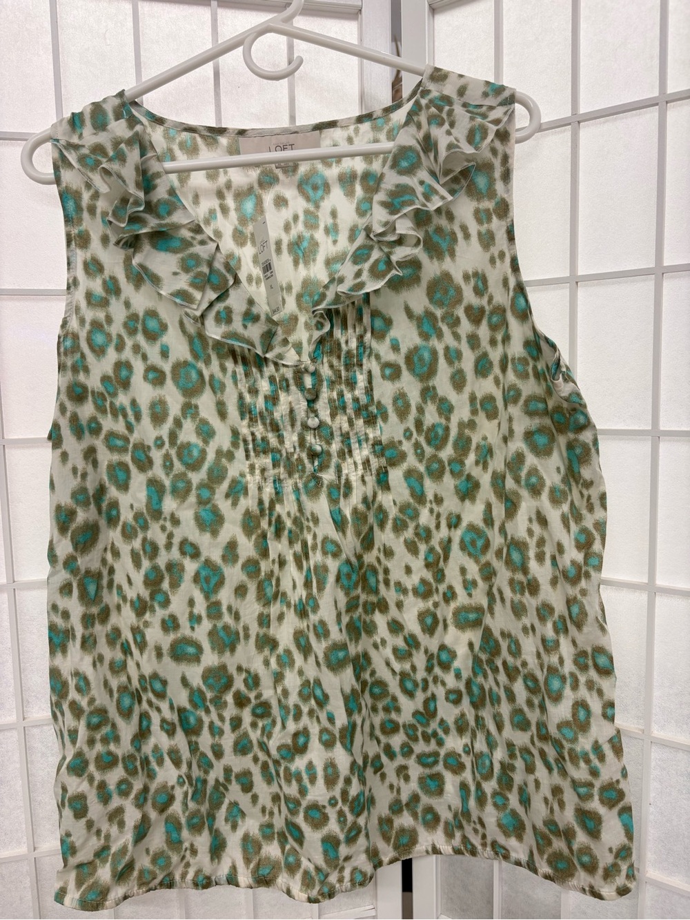 Ann Taylor Teal and Olive Leopard Print Ruffle Neck Sleeveless Top